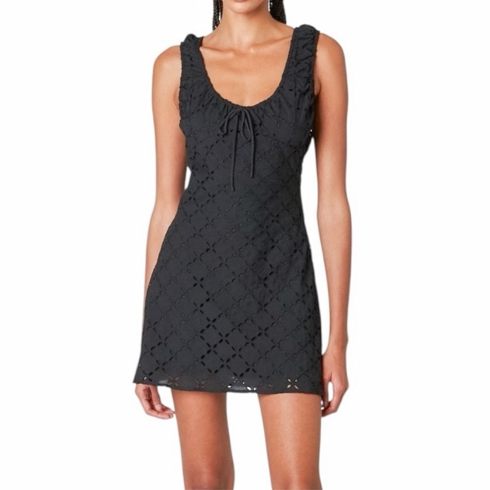Nia Cedar Cotton Eyelet Mini Dress Ruched Tie Front Sleeveless Black XS NEW